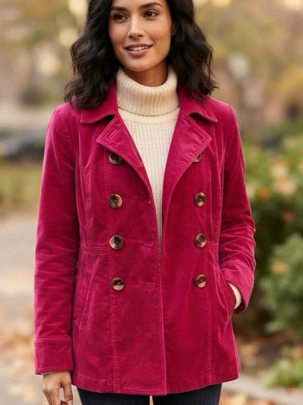 Boden Dark Pink Velvet Double Breasted Pea Coat Jacket US 12 UK 16 Floral Lining